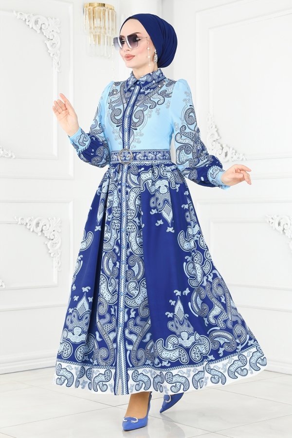 Moda Selvim Mavi & Saks Yaka Atlas Gömlek Elbise