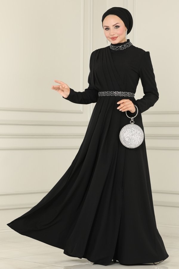 Moda Selvim Siyah Drapeli Krep Elbise