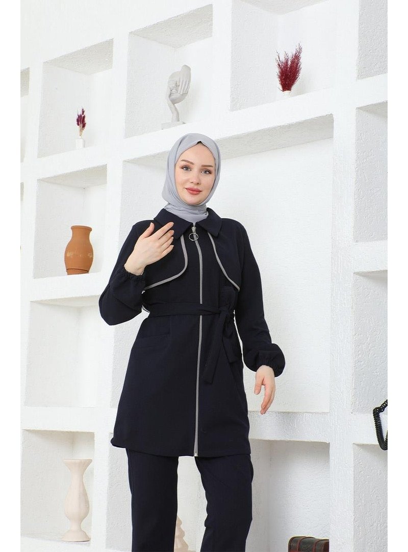 Burcu Fashion Lacivert Laci Bolero Detaylı Scuba Takım