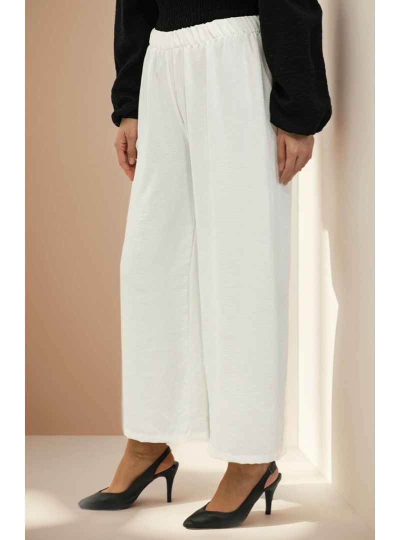Layda Moda Beyaz Beli Lastikli Bol Paça Pantolon