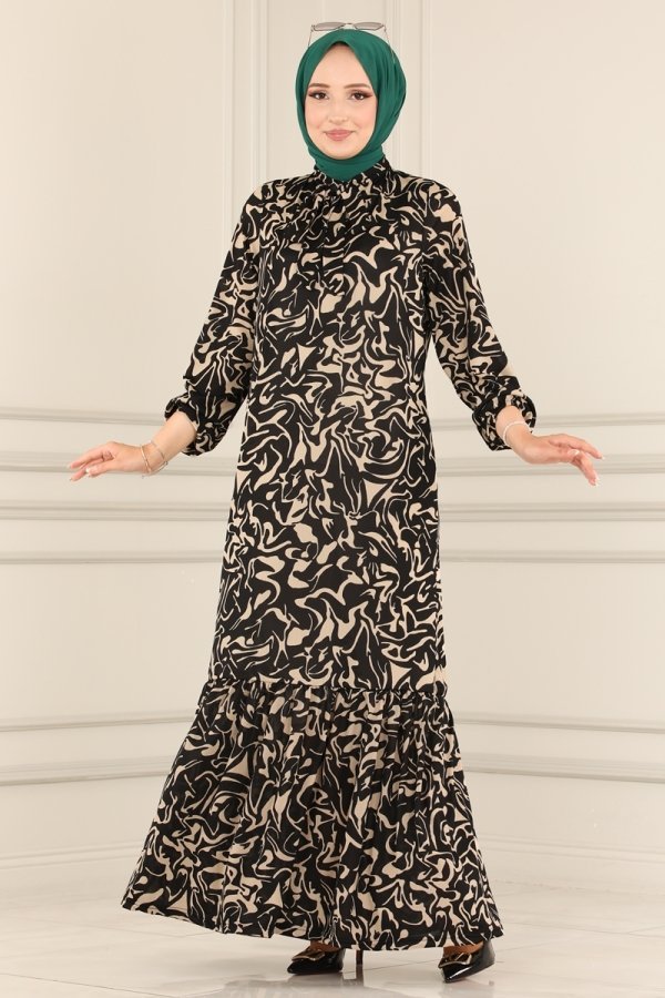 Moda Selvim Desen 1 Siyah Fular Yakalı Helen Elbise