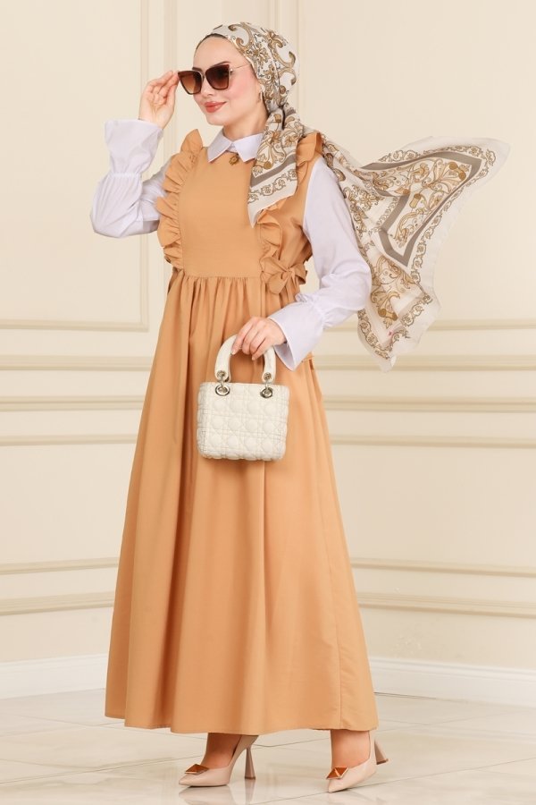 Moda Selvim Latte Göğsü Fırfırlı Terikoton Elbise