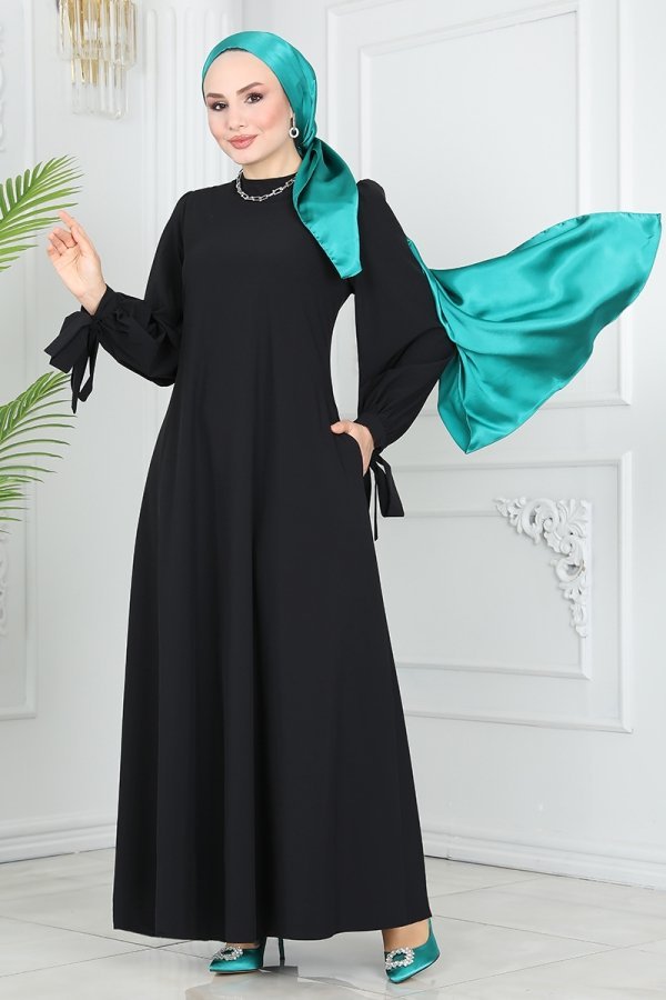 Moda Selvim Siyah Manşeti Bağcıklı Krep Elbise