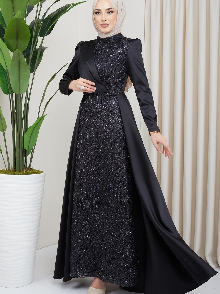 Olcay Önü Pul Ve Sim Detaylı Pelerin Etekli Saten Abiye Elbise Siyah