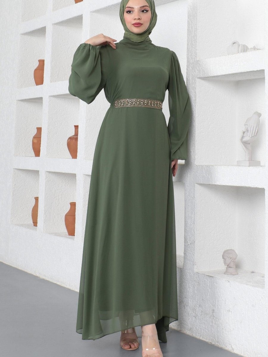 Modamihram Kemer Detaylı Şifon Abiye Elbise Haki