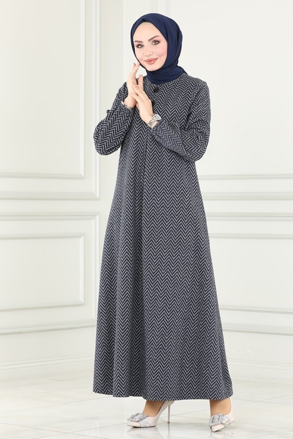 Moda Selvim Lacivert Düğme Detaylı Kışlık Elbise