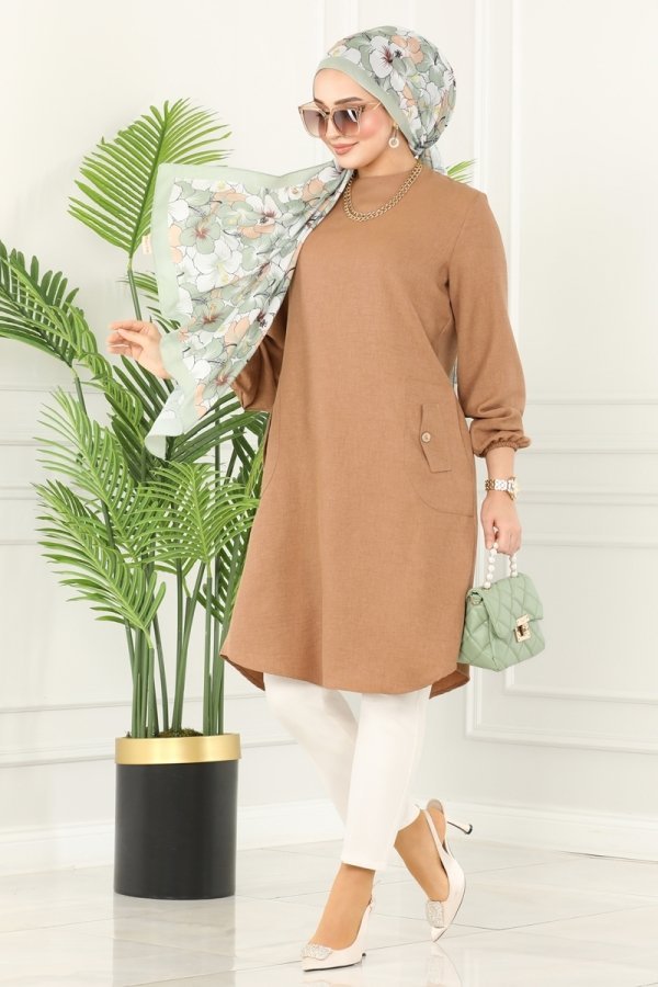 Moda Selvim Latte Cep Detaylı Keten Tunik