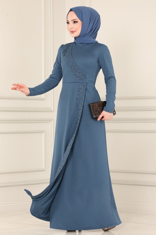 Moda Selvim Mavi İnci İşlemeli Elbise