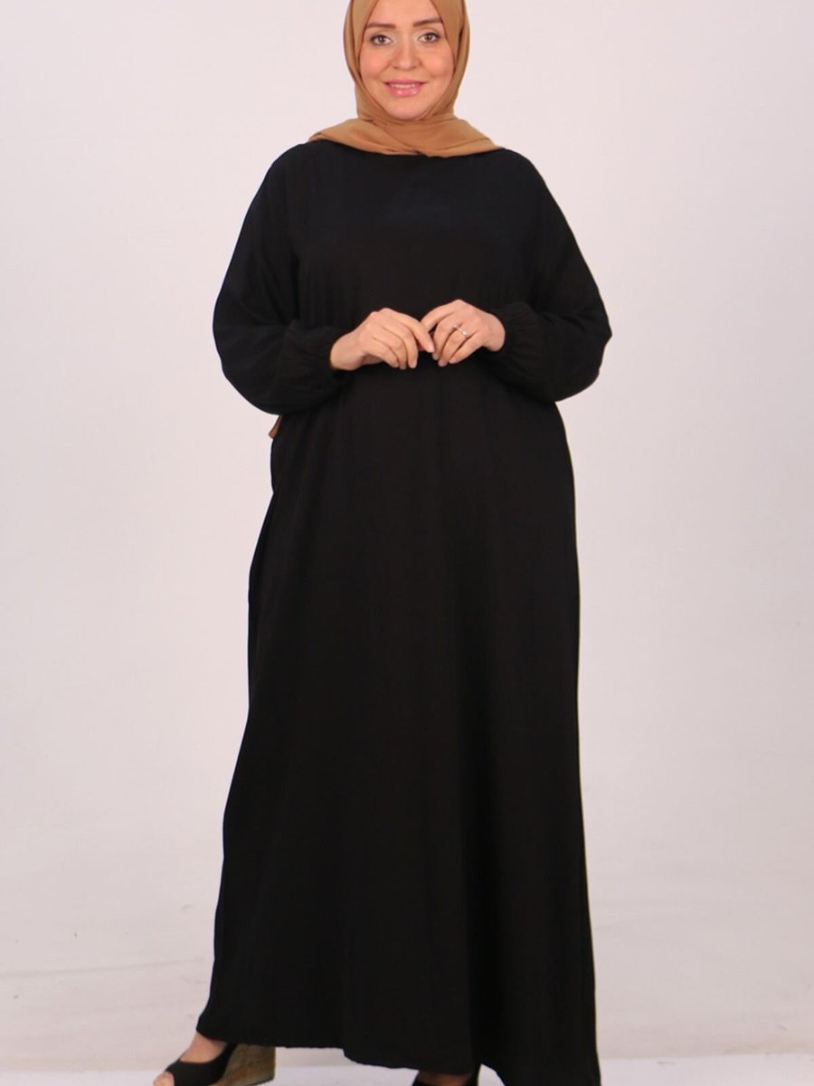 Moda Rosa Siyah Büyük Beden Belmando Kolu Lastikli Elbise