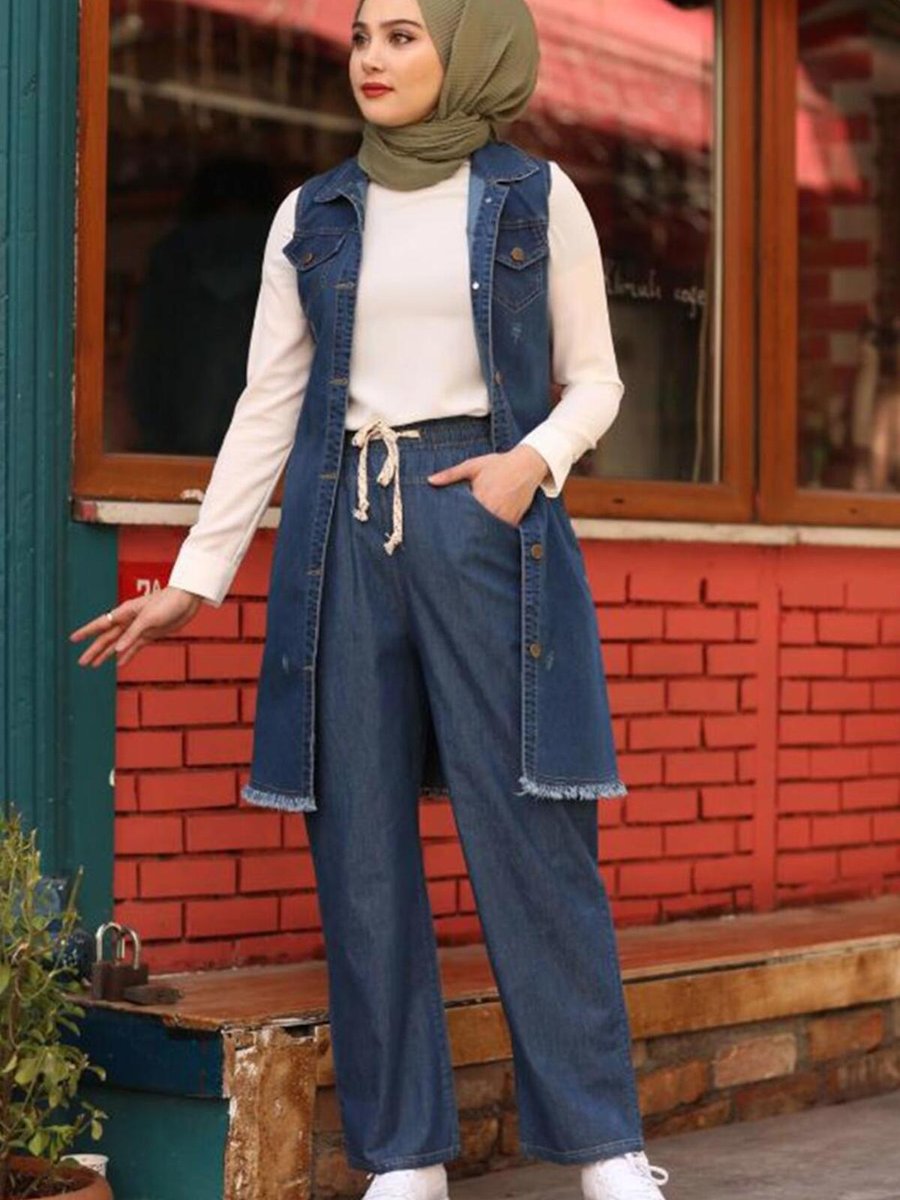 Trendtesettür Kadın Mavi Geniş Paça Cepli Denim Pantolon T