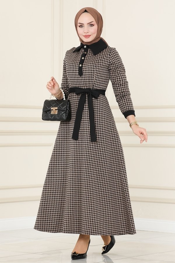 Moda Selvim Kazayağı Vizyon & Siyah Yarım Düğmeli Kışlık Elbise