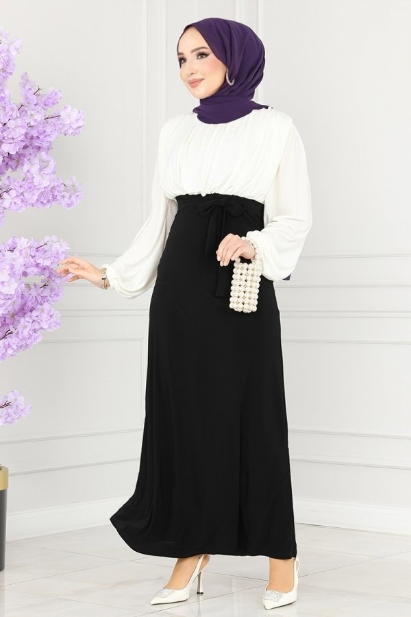 Moda Selvim Ekru & Siyah Drapeli Çift Renkli Elbise