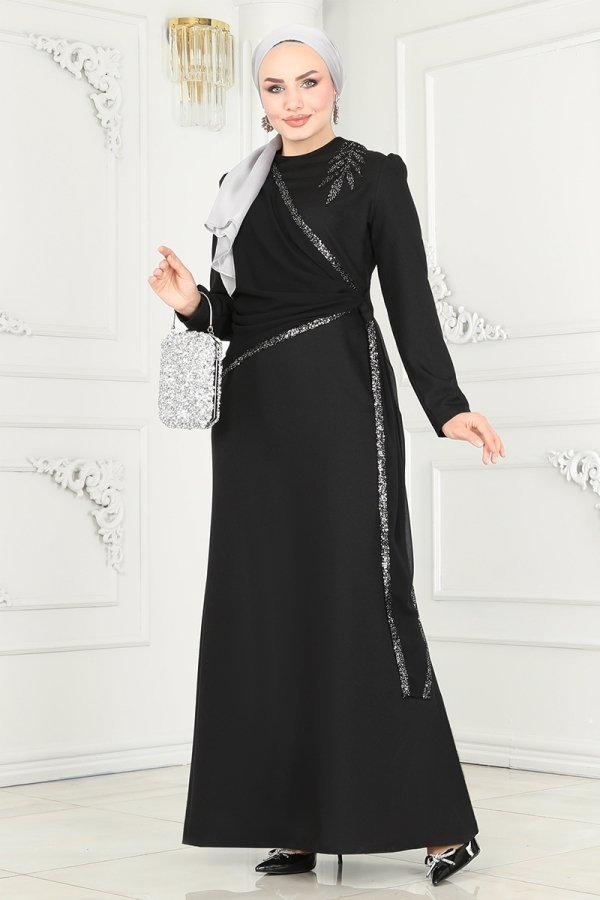 Moda Selvim Siyah Şifon Detaylı Payetli Elbise