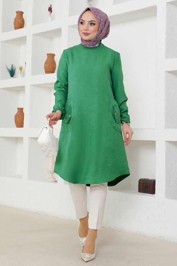 Moda Selvim Yeşil Cep Detaylı Keten Tunik