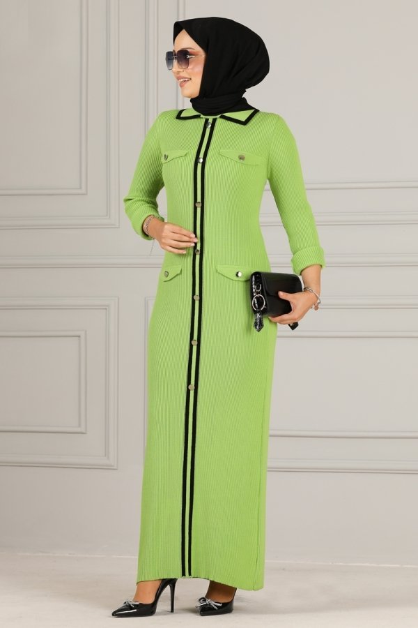 Moda Selvim Fıstık Yeşili Aksesuar Düğmeli Triko Elbise