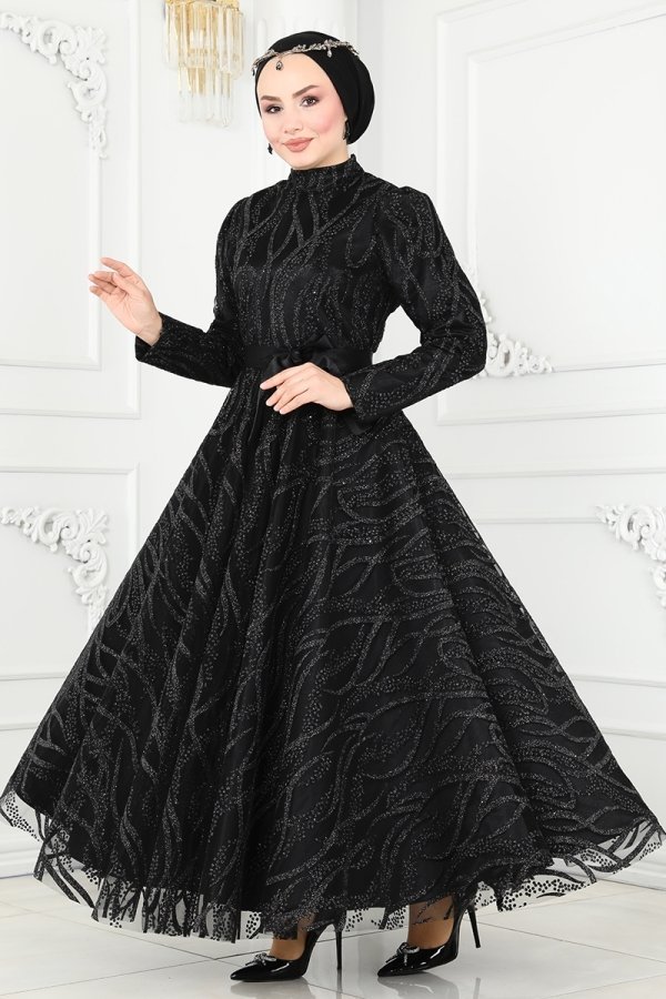 Moda Selvim Siyah İşlemeli Abiye Elbise