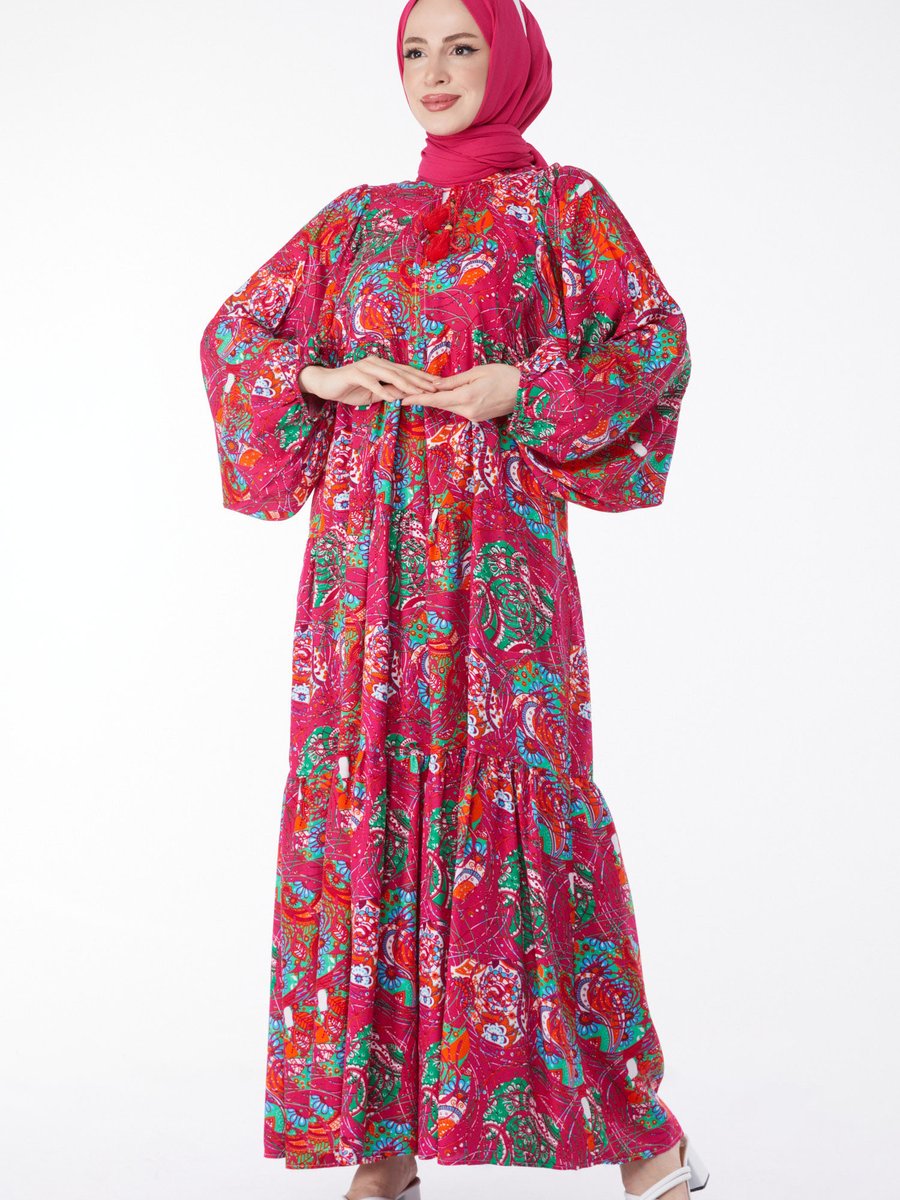 Tofisa Düz Orta Fuşya Desenli Yarasa Kol Elbise