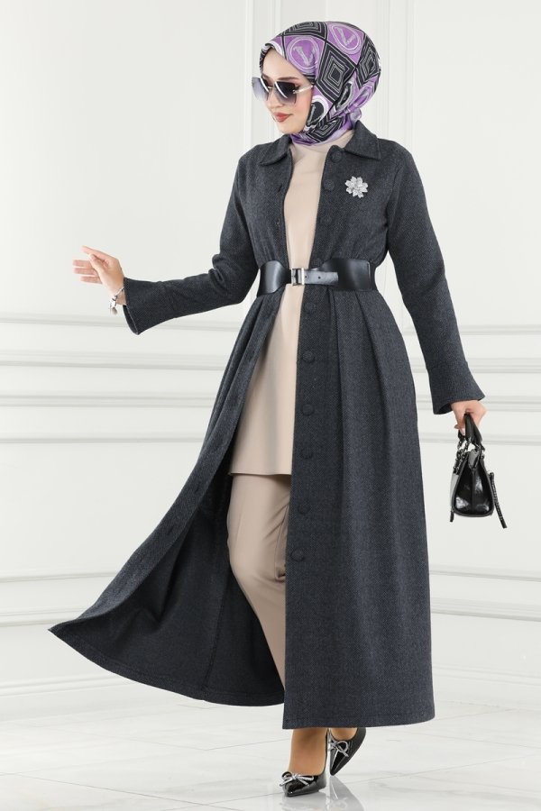 Moda Selvim Antrasit Deri Kemerli Balıksırtı Ferace & Elbise