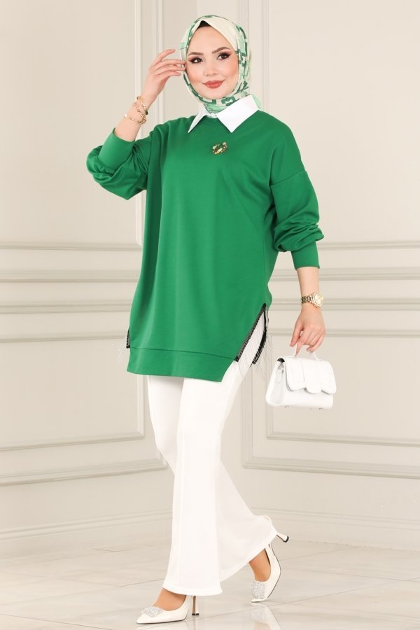 Moda Selvim Benetton Yeşili & Ekru Zincir Detaylı İkili Takım