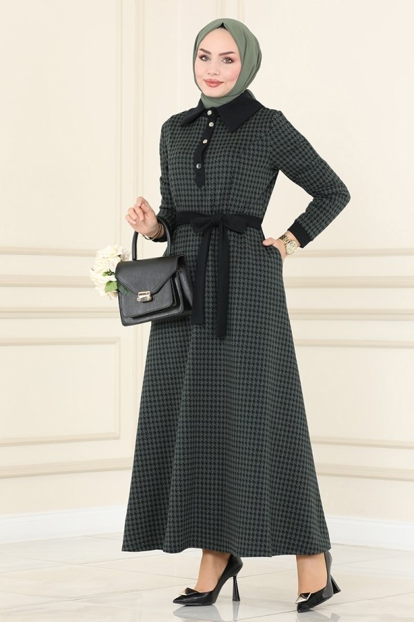 Moda Selvim Kazayağı Haki & Siyah Yarım Düğmeli Kışlık Elbise