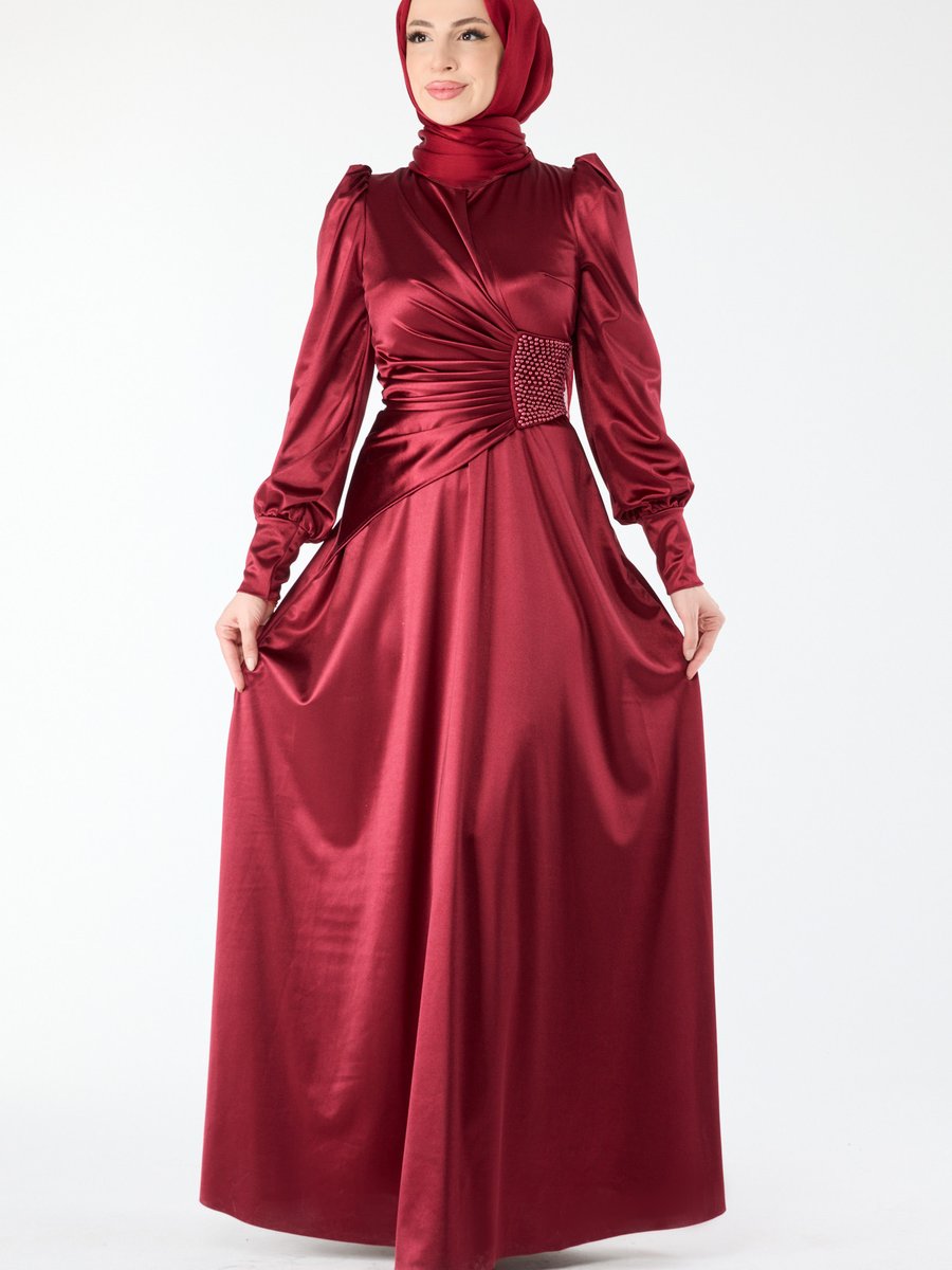 Tofisa Bordo Beli Taş Detay Uzun Kol Saten Abiye Elbise Elibise