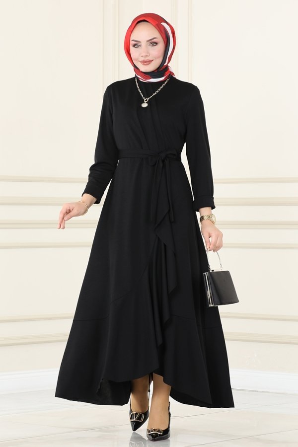 Moda Selvim Siyah Eteği Volanlı Elbise