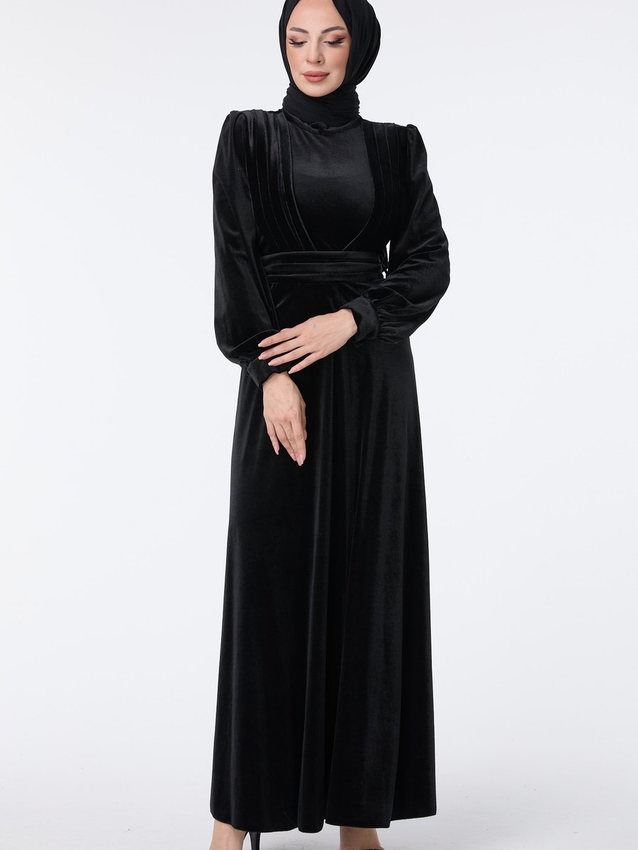Tofisa Sıyah Balon Kol Beli Kuşaklı Kadife Abiye Elbise