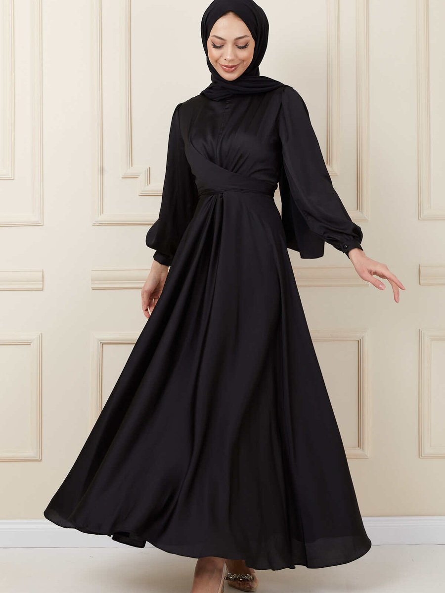 İmajbutik Siyah Bağlama Detaylı Saten Abiye Elbise