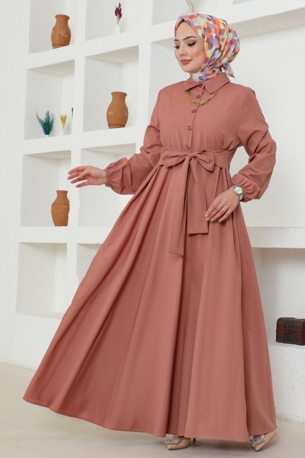 Moda Selvim Somon Kuşaklı Terikoton Elbise
