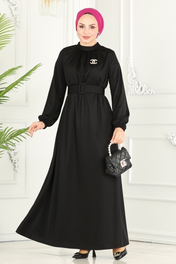 Moda Selvim Siyah Kaplama Kemerli Elbise