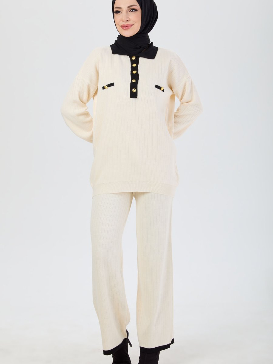 Tofisa Krem Metal Düğme Detaylı Tunik Pantolon Triko Takım
