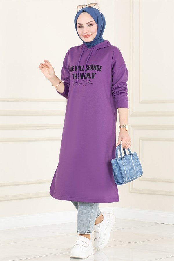 Moda Selvim Lila Yazı Baskılı Spor Tunik