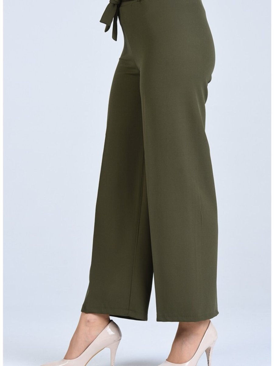 Moda Bu Haki Yeşil Bel Lastikli Bağlamalı Bol Paça Pantolon