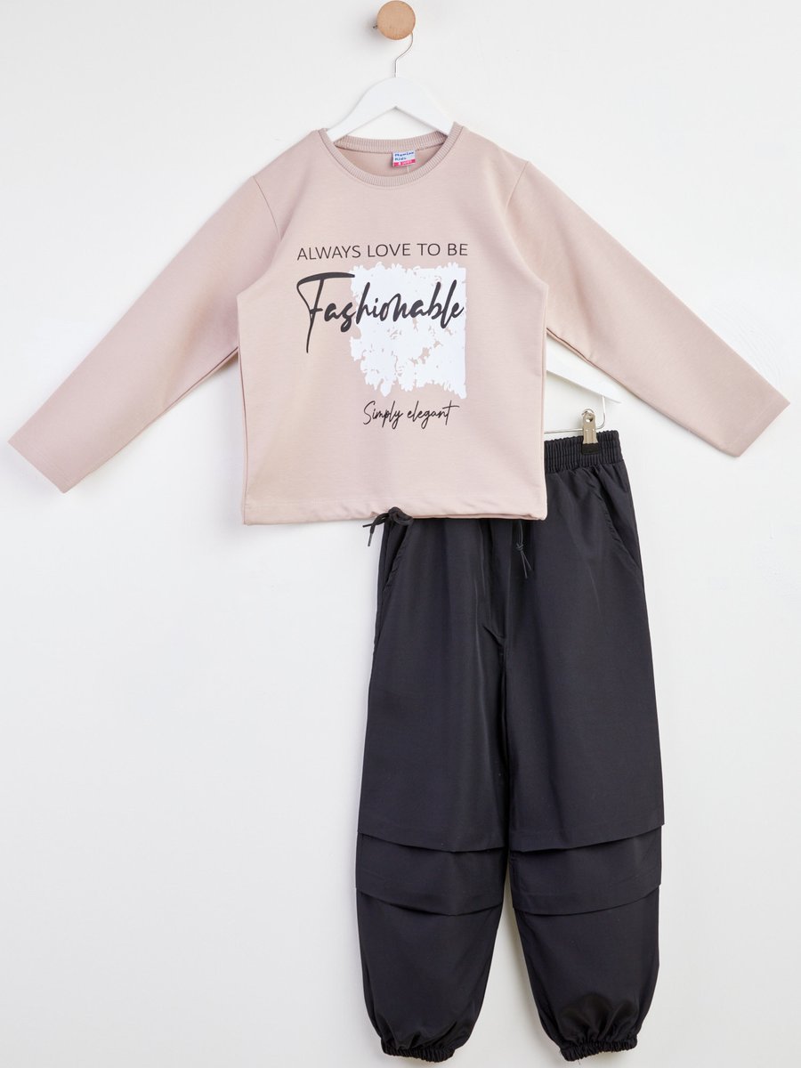 Tofisa Kız Çocuk Vizon Baskılı Sweatshirt + Paraşüt Pantolon Takım