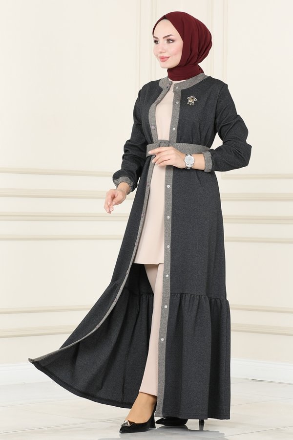Moda Selvim Antrasit Eteği Fırfırlı Kışlık Elbise & Ferace