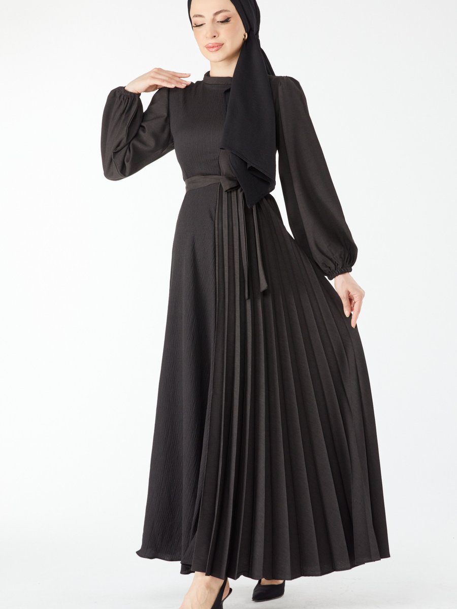 Tofisa Sıyah Gömlek Yaka Uzun Kol Pilise Detaylı Elbise