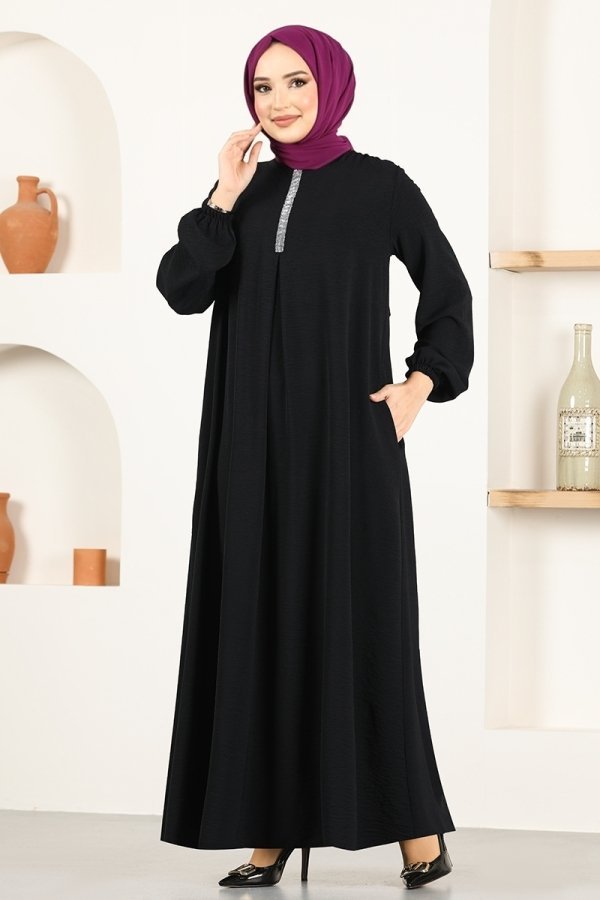 Moda Selvim Siyah A Pileli Aerobin Elbise
