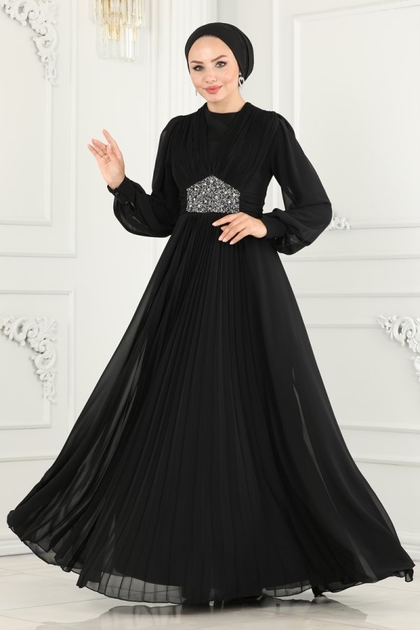 Moda Selvim Siyah Beli Taş İşlemeli Şifon Abiye
