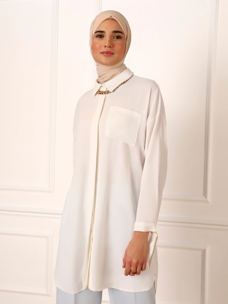 Refka Off White Bağlama Detaylı Arkası Uzun Tunik