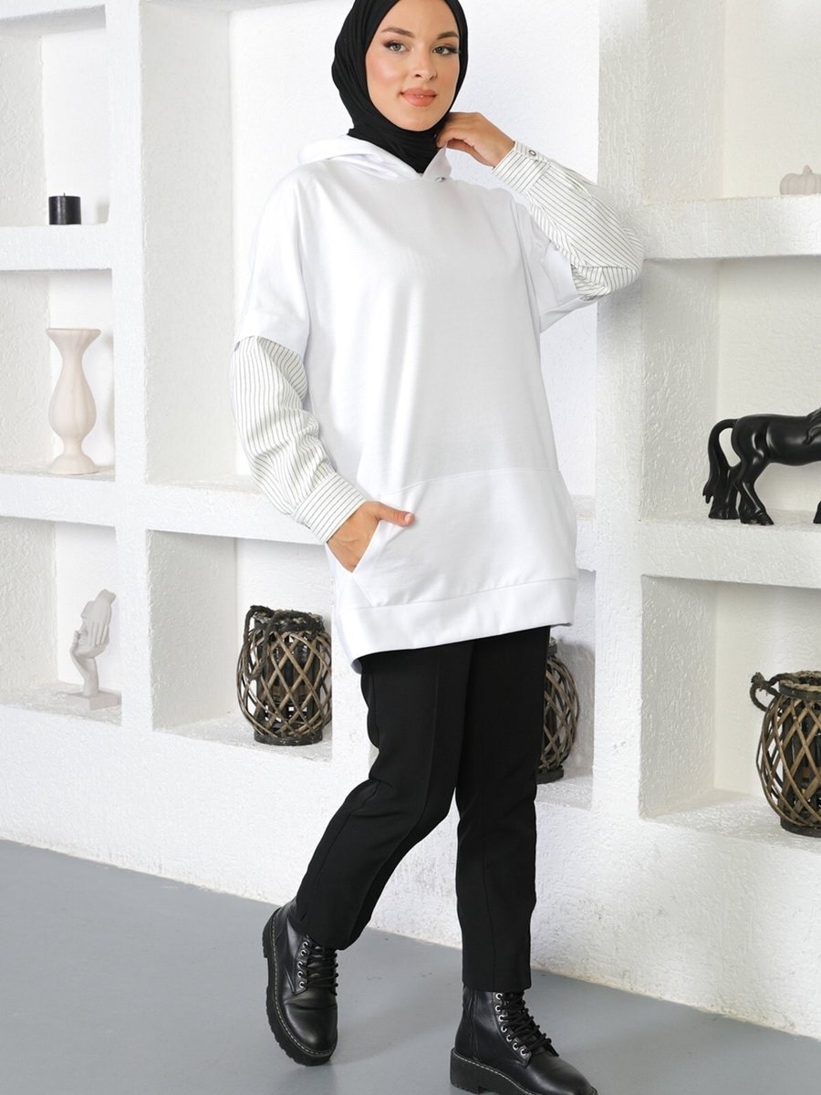 Modamihram Çizgi Detaylı Sweatshirt Beyaz