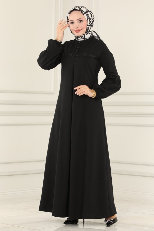 Moda Selvim Siyah A Pileli Kışlık Elbise