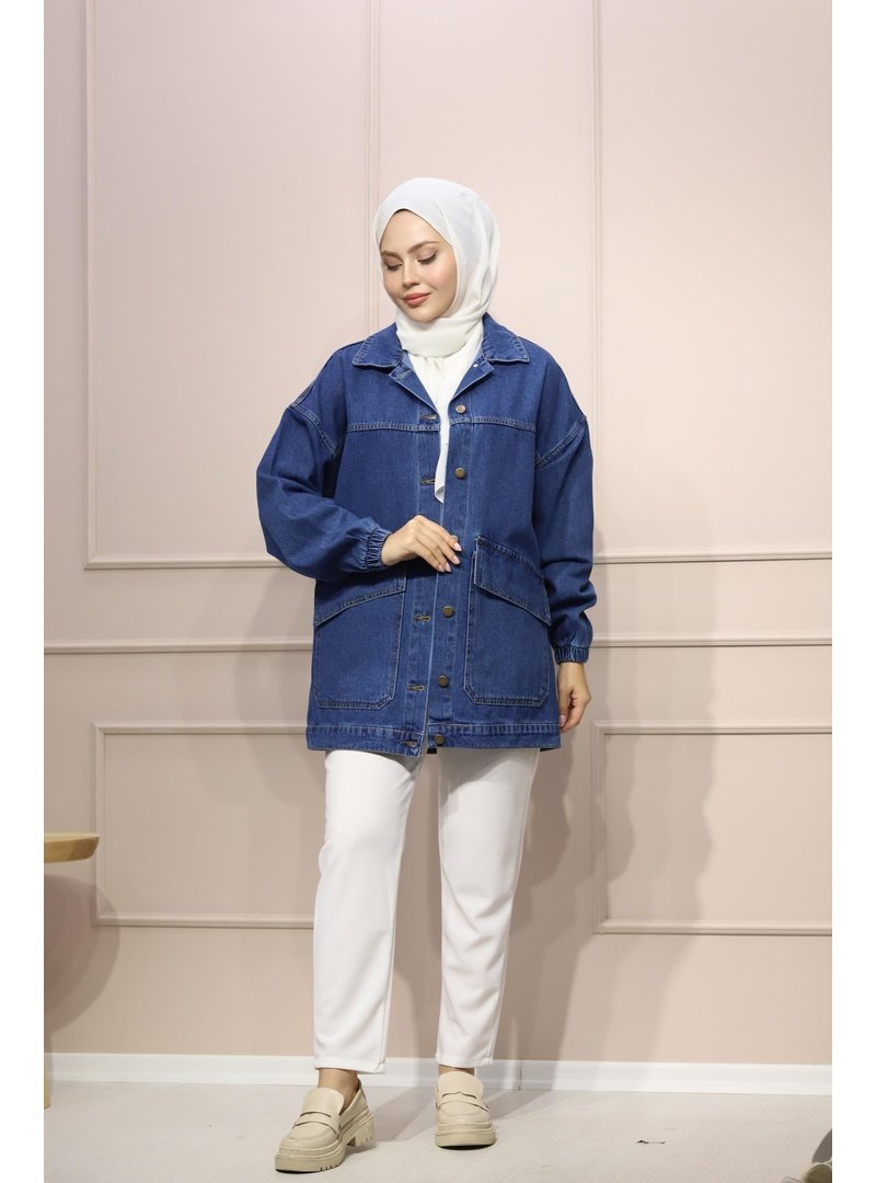 Lurex Moda Kot Mavi Çapraz Cepli Oversize Kesim Kolları Lastikli Ceket