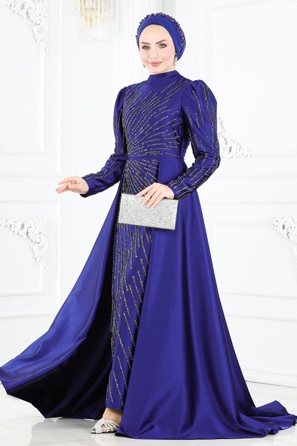 Moda Selvim Lacivert Taş Detaylı Kuyruklu Abiye Elbise
