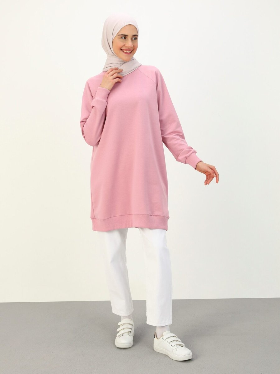 Benin Pamuklu Bisiklet Yaka Sweatshirt Kirli Pembe