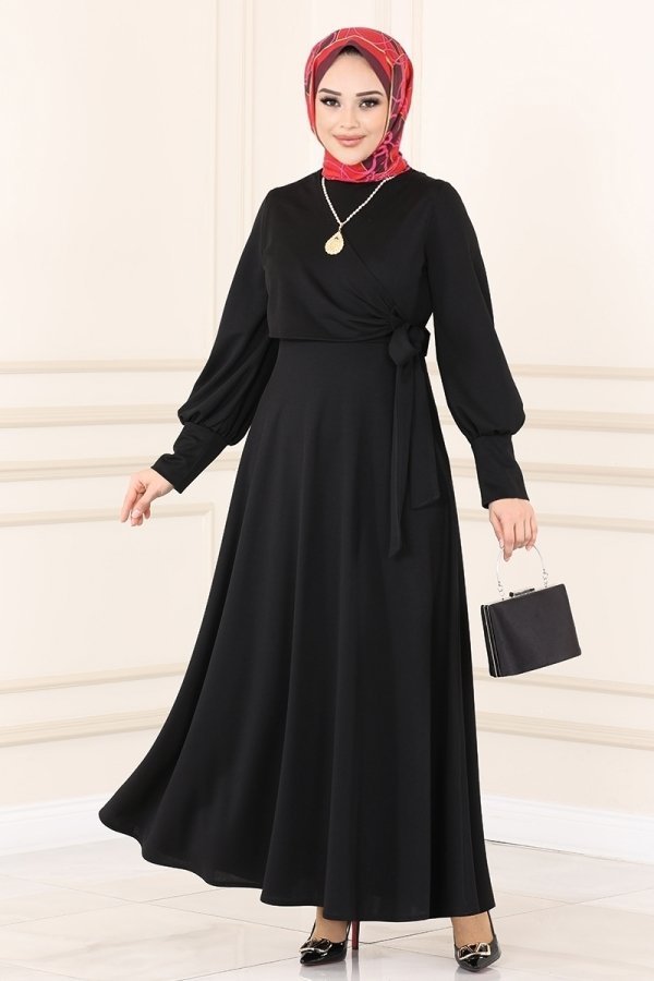 Moda Selvim Siyah Yandan Bağlamalı Elbise
