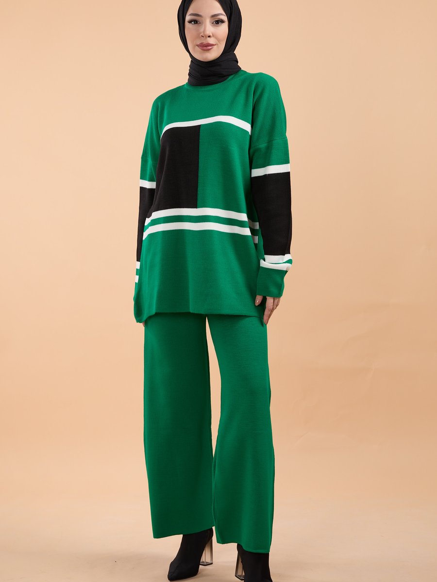 Tofisa Yesıl Geometrik Desenli İkili Triko Takım