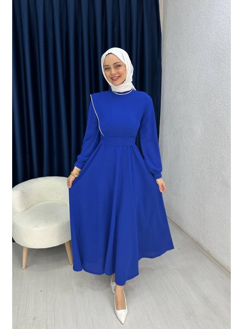 Lurex Moda Mavi Omuzu Taş Detaylı Abiye Elbise