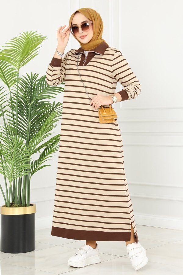 Moda Selvim Kahve Çizgili Spor Elbise