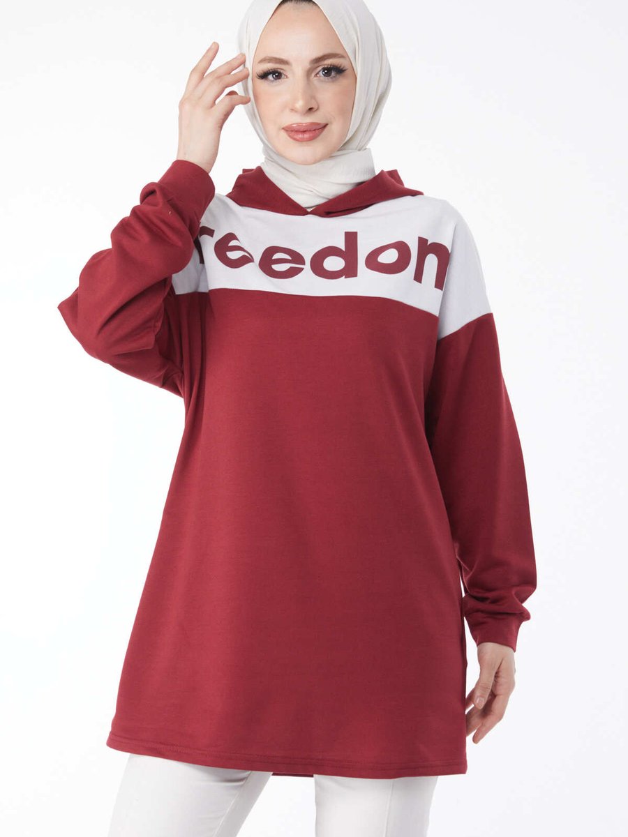 Tofisa Düz Yaka Bordo Baskılı Kapüşonlu Sweatshirt