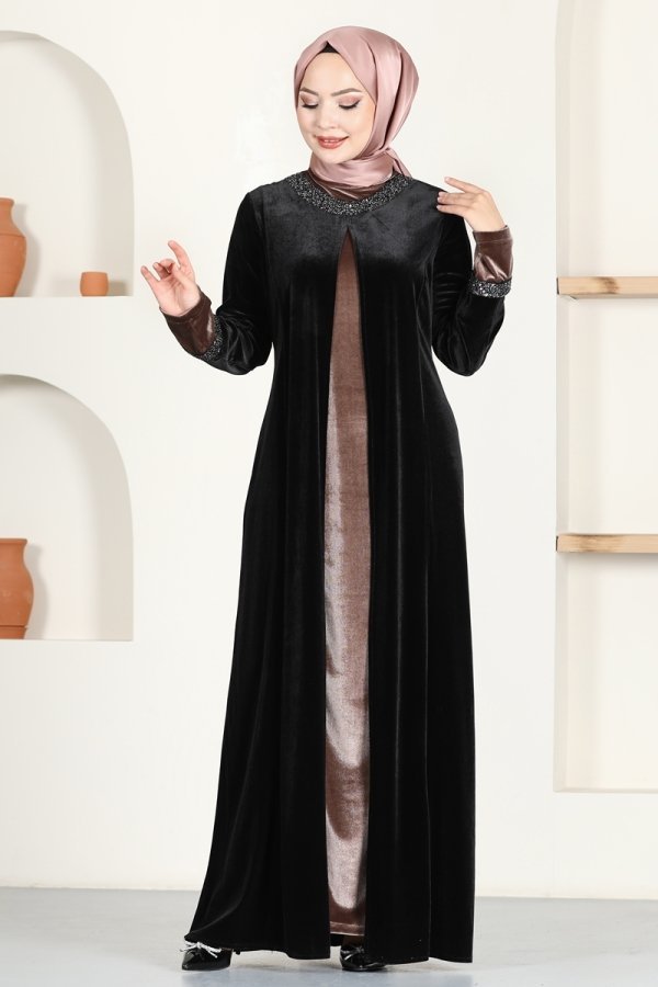 Moda Selvim Siyah Pul Detaylı Kadife Elbise